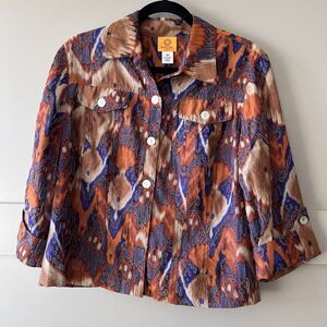 Ruby Rd. Button up Blouse Womens Sz. 14P Brown Rayon Linen Geometric Art To Wear
